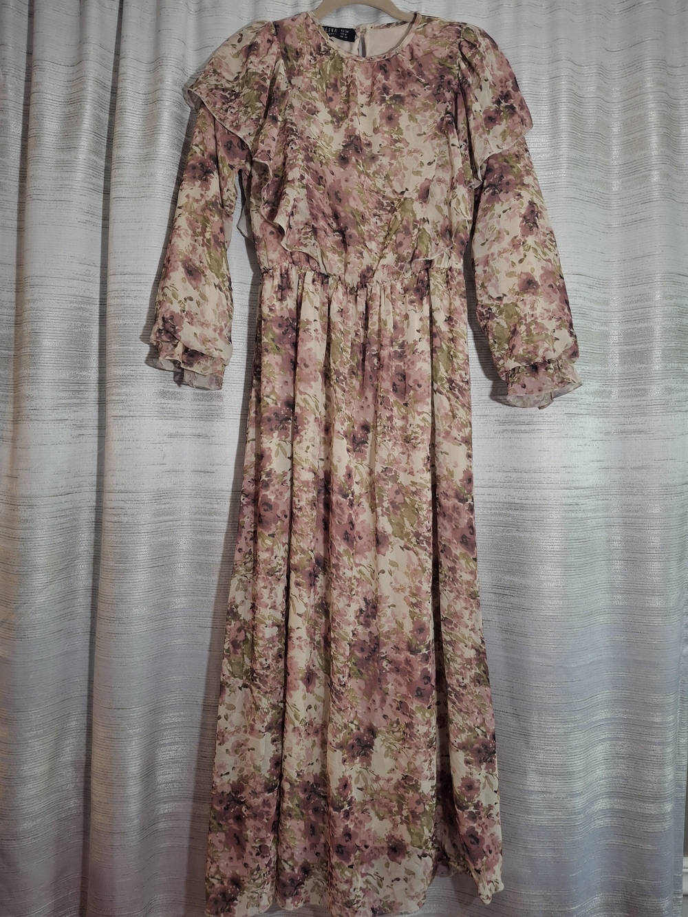 Refka Size 6 Romantic Ruffle Floral Maxi Dress -  Cream Pink & Green